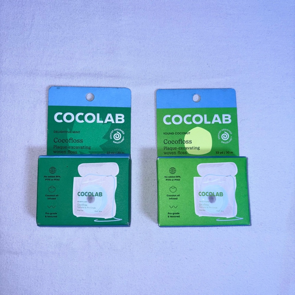 Cocolab Cocofloss 33yd 2pk Mint & Coconut NEW Woven Dental Floss Set